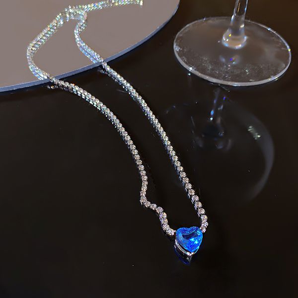 

blue zircon heart titanium necklace for women full rhinestone plate chain, Silver