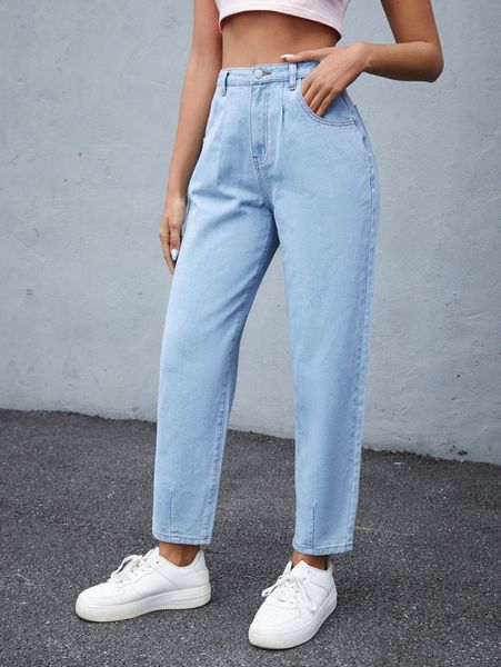 

high waist slant pocket mom jeans 02kw#, Blue