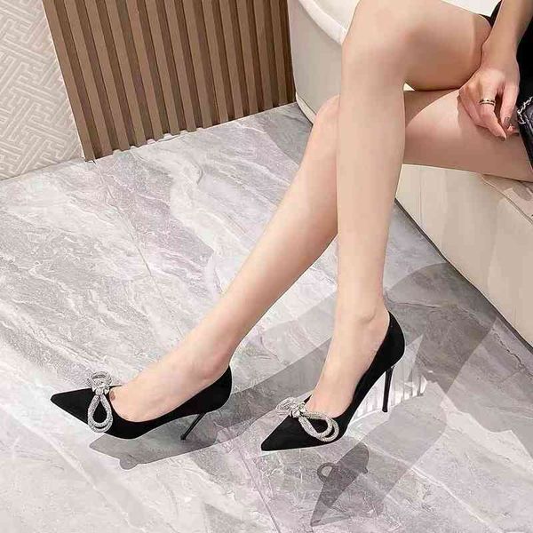 

sandals spring bowknot black high heels pointed thin workplace versatile women