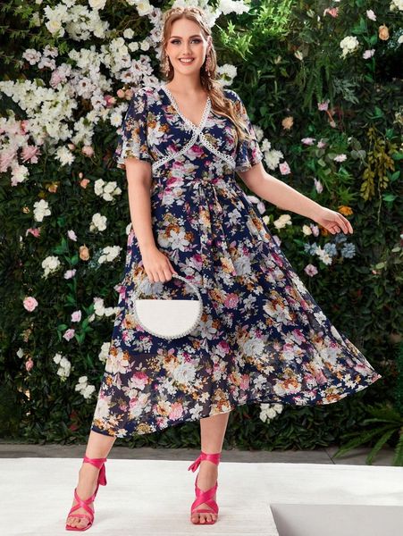 

plus allover floral print v-neck dress a6k7#, Black