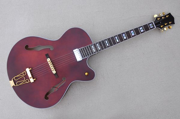 

factory custom semi-hollow matte red brown electric guitar with rosewood fretboard gold hardware can be customized