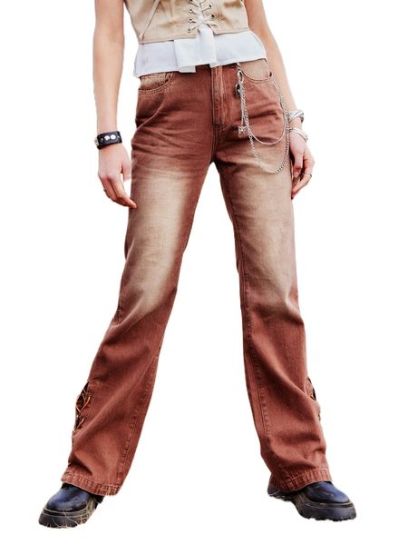 

romwe lace up washed jeans without chain f6zi#, Blue