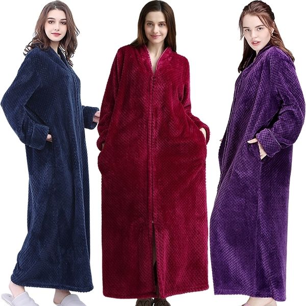 

women long plus size thick warm sleepshirts men winter coral fleece zipper nightgowns pregnant robe flannel night dress y200425, Black;red