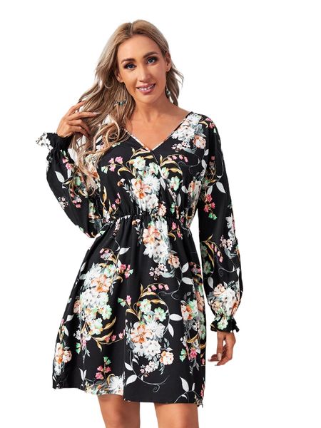 

emery rose floral print flounce sleeve dress n2gm#, Black;gray