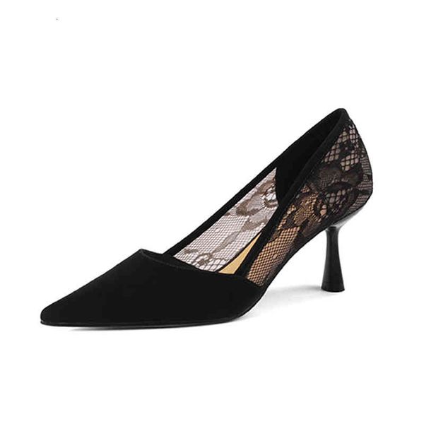 

dress shoes spring and summer women's shoes pointed thin heels high mesh lace hollowed out spicy mother breathable cool single 4ohm, Black