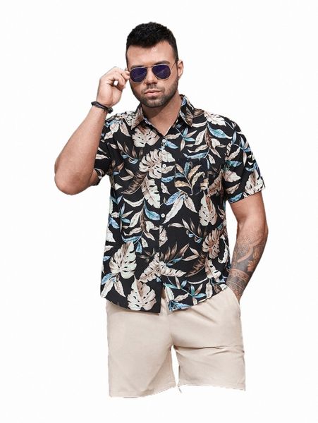 

extended sizes men tropical print shirt & drawstring waist shorts u7d9#, Gray