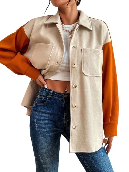 

color block dual pocket drop shoulder overcoat o3xh#, Black