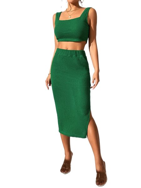 

textured knit tank & split hem skirt set y79x#, White