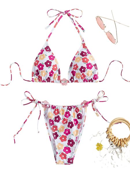 

floral halter triangle bikini swimsuit l8ab#, White;black