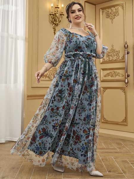 

plus lantern sleeve frill trim floral mesh belted maxi dress l2dx#, Black