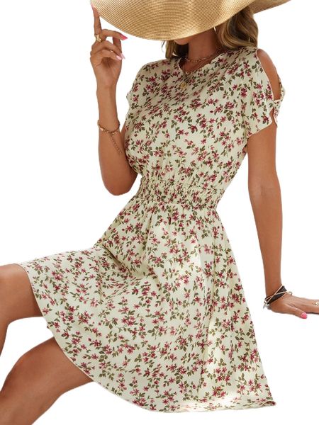 

allover floral print cold shoulder dolman sleeve shirred waist dress 67rv#, Black;gray