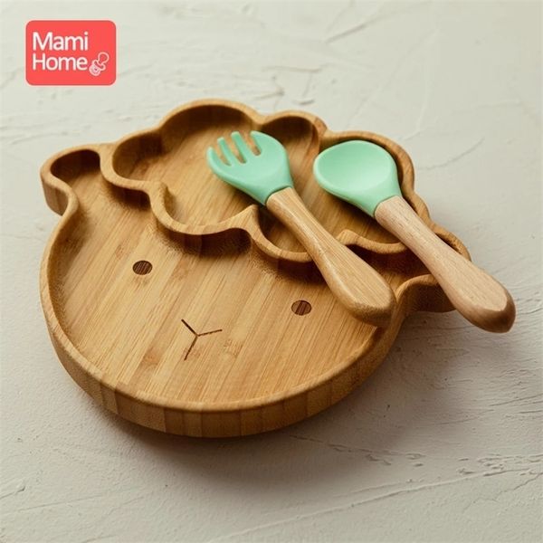 1Set Custom Baby Feeding Food Plates Bamboo Пластины Овцевая водонепроницаемая силиконовая вилка ложка BPA Бесплатная посуда Детская посуда 220708