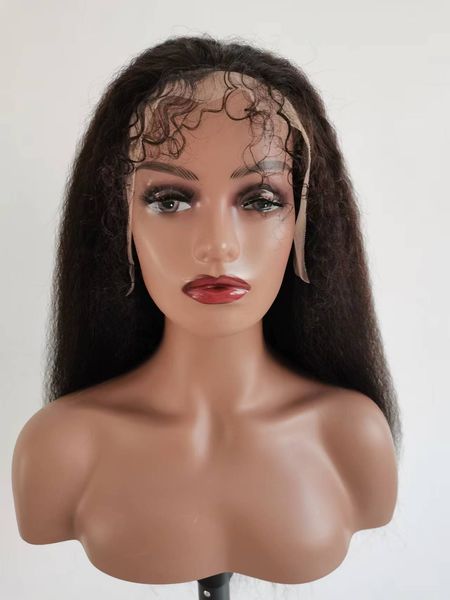 

transparent kinky straight lace front wig pre plucked yaki brazilian full lace human hair wig for woman, Black;brown