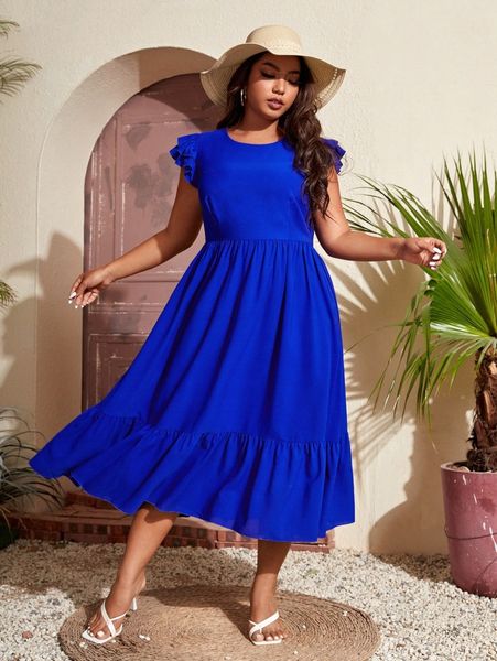 

plus flutter sleeve ruffle hem dress d25x#, Black