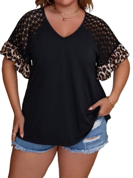 

plus leopard print contrast lace raglan sleeve tee q7cu#, Black