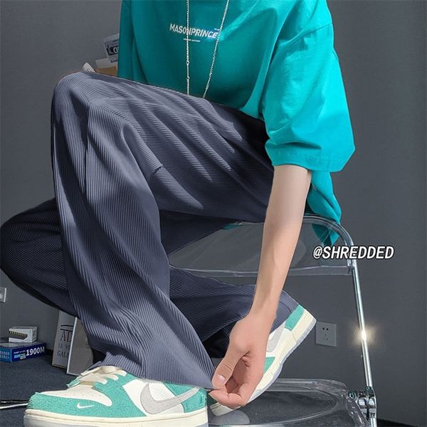 

privathinker pleated summer ice slik men wide leg pants elastic waist man oversized long pants male casual baggy trousers 220704, Black