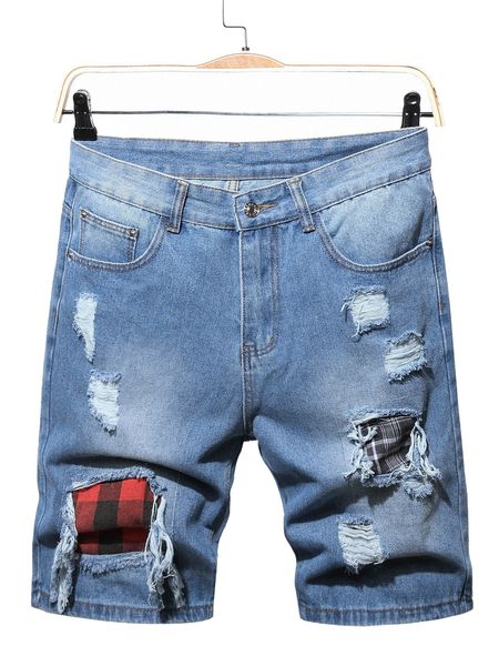 

romwe guys plaid ripped denim shorts a9om#, White;black