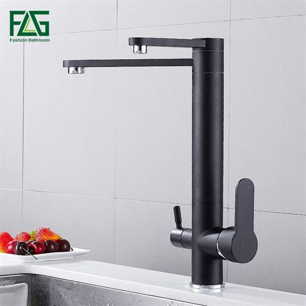 Torneira de cozinha de água potável de bronze sólida FLG 3 vias Filtro de água Misturador de cozinha para pia giratória 102033b T200805