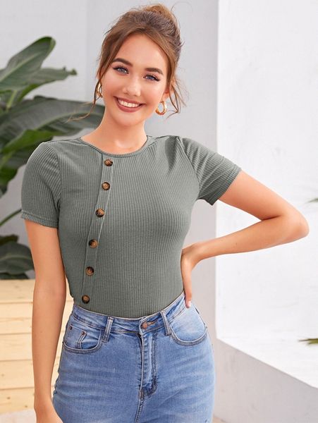 

button detail rib-knit slim tee v8ah#, White