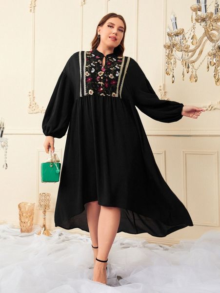 

plus floral embroidery lantern sleeve high low dress u6vq#, Black