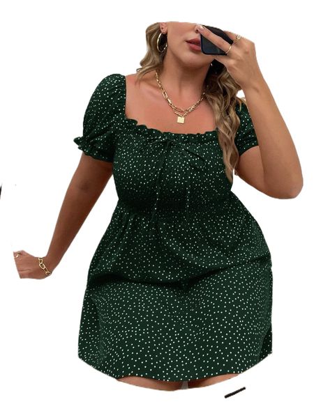 

plus shirred bodice frill trim polka dot dress k9mm#, Black