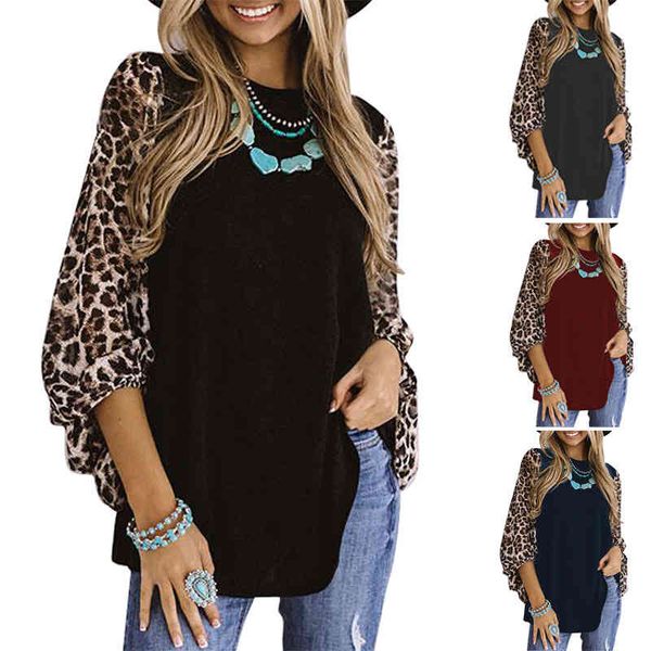 

women's t-shirt autumn and winter leopard print long sleeve round neck t-shirt women's wear lins, White