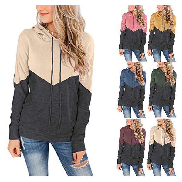

women's drawstring hoodie color block sweatshirt casual pullover, Black