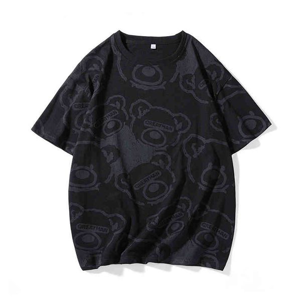 

nasa co branded fashion fun bear graffiti short sleeve loose couple's round neck t-shirt, White;black