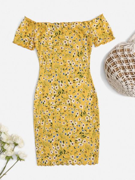 

off shoulder lettuce trim allover floral print dress q4zn#, Black;gray
