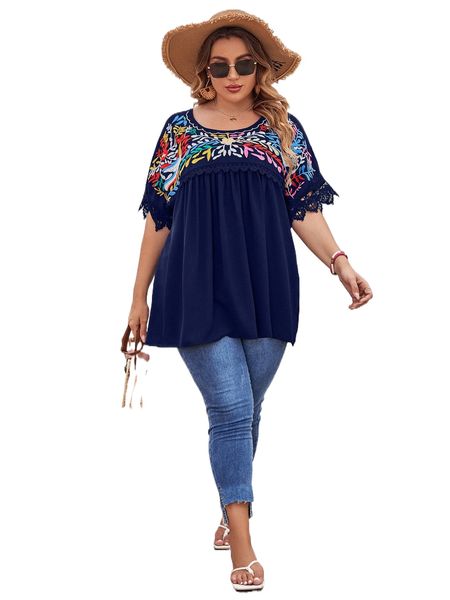 

plus plants embroidery lace cuff blouse x06b#, Black