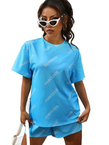 

letter graphic drop shoulder tee & shorts t37l#, White