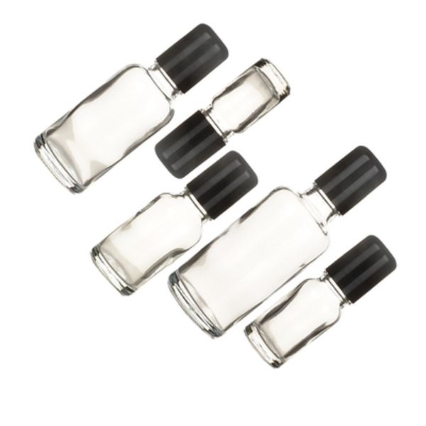 Verpackung: Transparente Glasflasche, schwarzer Kunststoff-Schraubverschluss, 5 ml, 10 ml, 15 ml, 20 ml, 30 ml, 50 ml, 100 ml, Stahlwalze, Glasperle, Fläschchen mit ätherischen Ölen, nachfüllbare Kosmetik