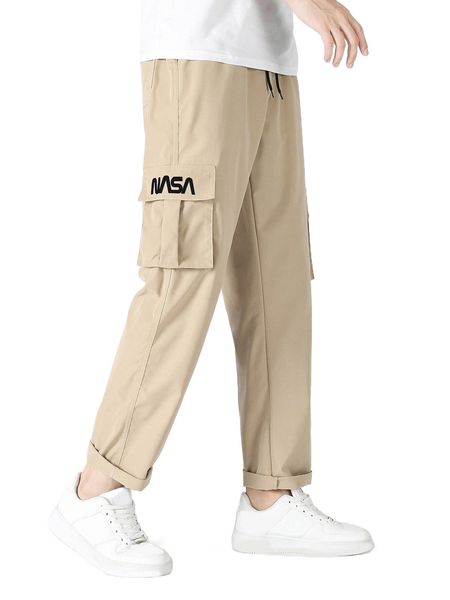 

men letter graphic flap pocket drawstring waist cargo pants e27e#, Black