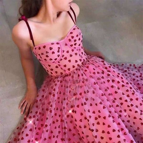 

spring new arrive pink heart dress sweet backless sequined women party dress voile mesh long female dress t200603, White;black