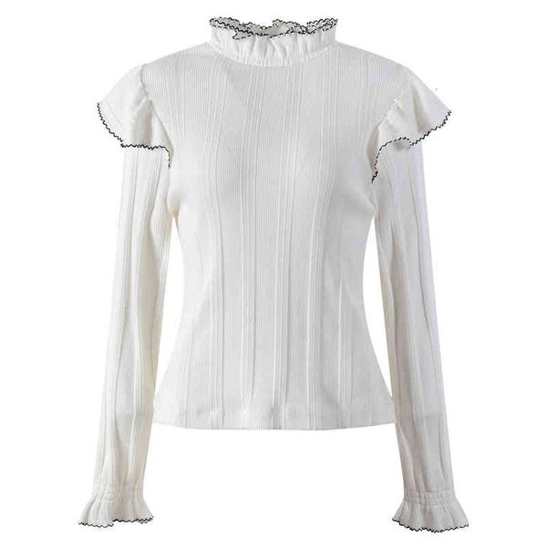 

women's knits tees autumn and winter fashionable temperament knitwear women's korean version ruffle stitching stand collar long sl, White