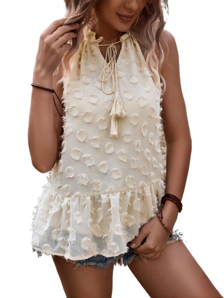 

tassel tie neck sleeveless ruffle hem fuzzy trim blouse t0s9#, White