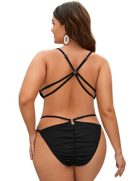 

plus ring linked strappy back scrunch butt one piece swimsuit k02g#, White;black