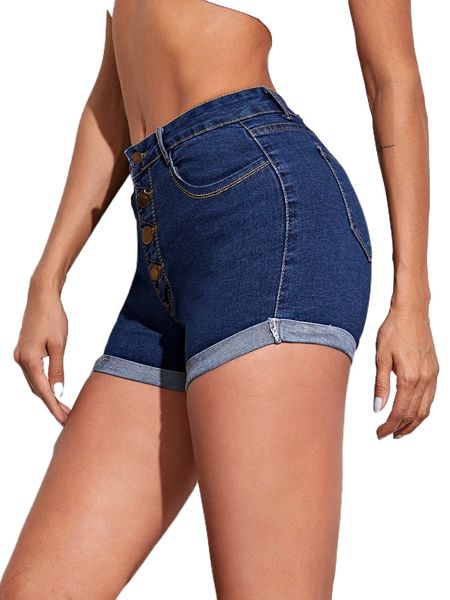 

button front rolled hem denim shorts 42sc#, White;black