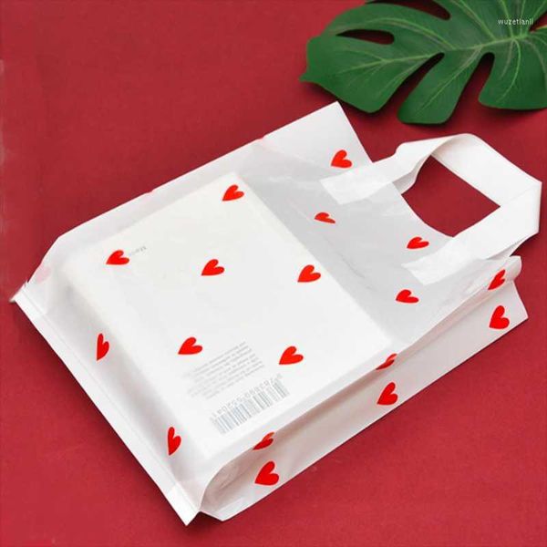 Confezione regalo 50 pezzi di sacchetti di plastica spessi Red Love Heart Bag Negozio di abbigliamento Imballaggio con manico Shopping BagGift