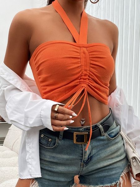 

tie backless drawstring crop halter knit p1qn#, White;black