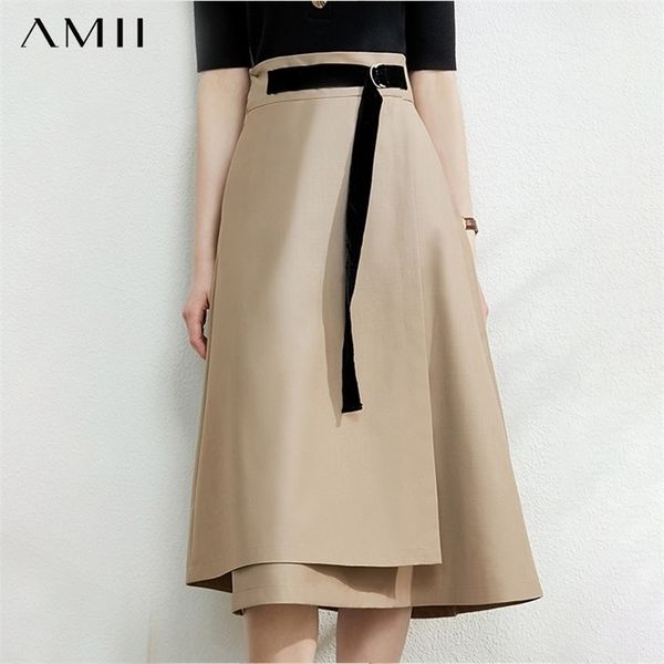 

amii minimalism autumn fashion solid belt women skirt causal high waist aline irregular hem female skirt 12040091 210306, Black