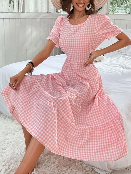 

gingham puff sleeve ruffle hem smock dress a9ar#, Black;gray