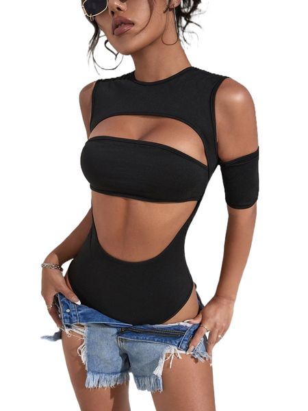 

cut out cold shoulder bodysuit i3cj#, White
