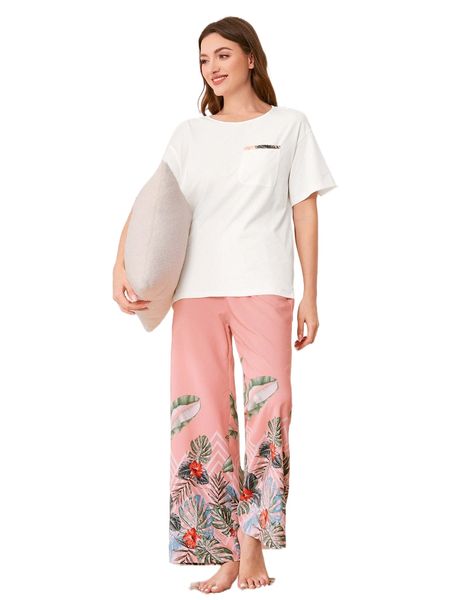 

tropical print drop shoulder patched pocket pj set x12o#, Black;red