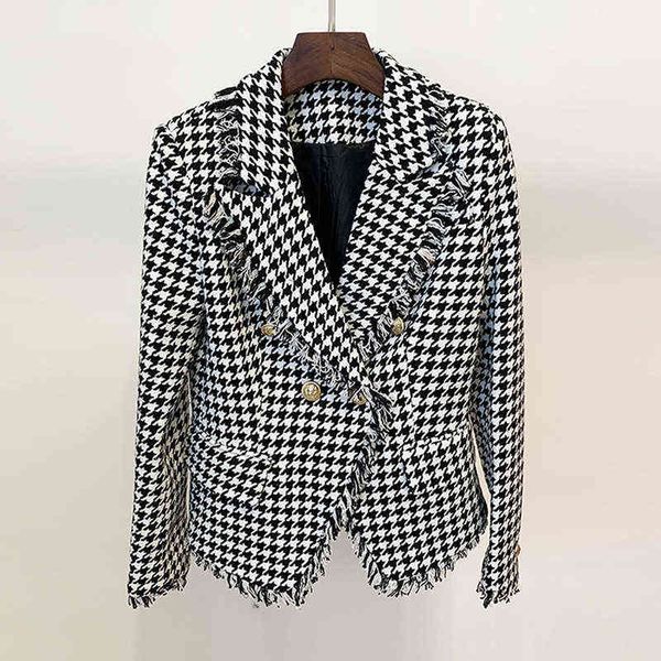 

wool houndstooth blazer women 2022 autumn winter jackets double breasted metal buttons woven thick blazers j220813, White;black
