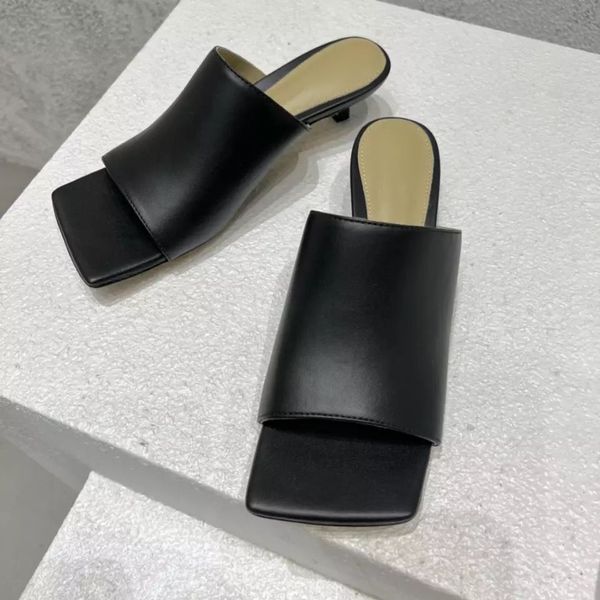 

2022 women shoes summer genuine leather slipper mules square toes med heels slippers designer shoes slides leisure zapatillas mujer, Black