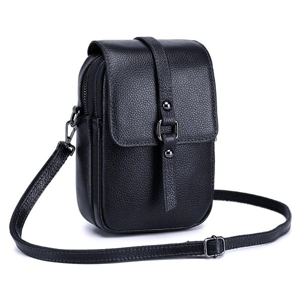 Bolsas de noite Mulheres de couro de vaca real macias meninas de ombro pequenas garotas de crossbody Messenger smartphone smartphone duplo zip bolsões de bordo