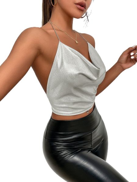 

draped collar chain detail tie backless glitter halter 77g8#, White