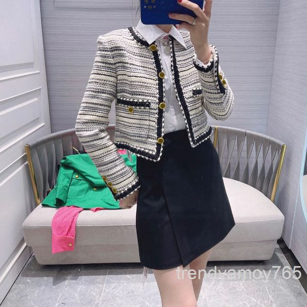 

women's jackets woven soft ni short coat temperament celebrity gradient stripe breasted woolen spring and autumn high end, Black;brown