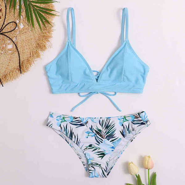 

beach swimsuit split green leaf printed bikini swimsuit, White;black